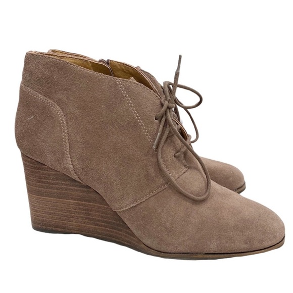 Lucky Brand Booties Leather Women's Size 7 Tan Brown Wedge Lace-Up Round Toe - Picture 1 of 9